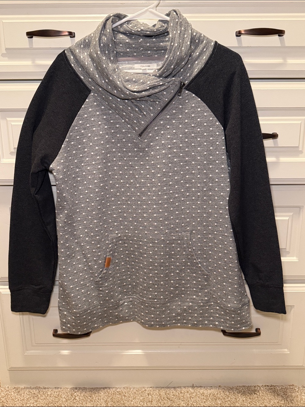 Maurices Gray Polka Dot Cowl Neck Pullover with Black Sleeves